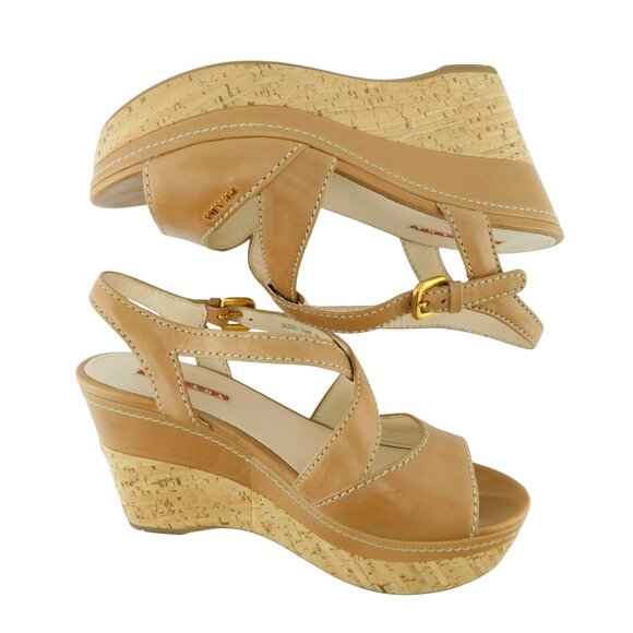 PRADA Logo Tan Brown Leather Crisscross Cork Wedge Sling Heel Sandals 37 - Picture 4 of 11